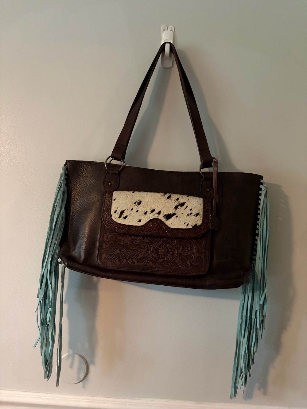Women's Dark Brown Leather Fringe Tote with Turquoise Fringe and Haircalf Accent